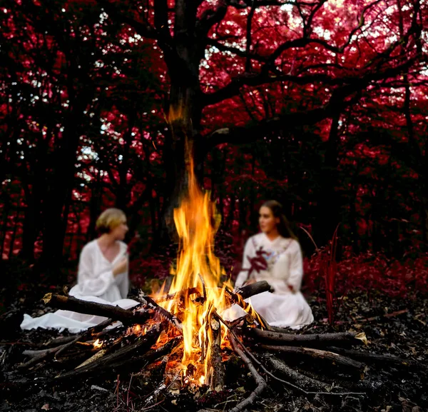 Focus Flame Two Witches Sitting Fire Evening Forest — Stock Photo, Image