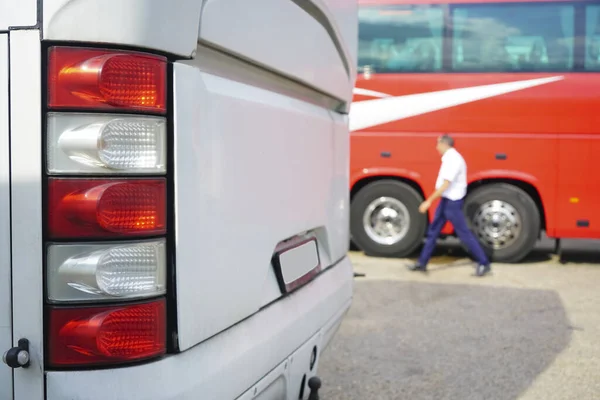 Line Tourist Buses Rear Focus Red White Rear Lights — 图库照片