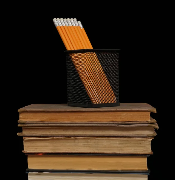 Gele Potloden Met Gummetjes Stapel Boeken — Stockfoto