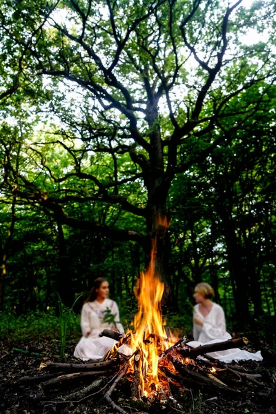 Focus Flame Two Witches Sitting Fire Evening Forest — Stock Photo, Image