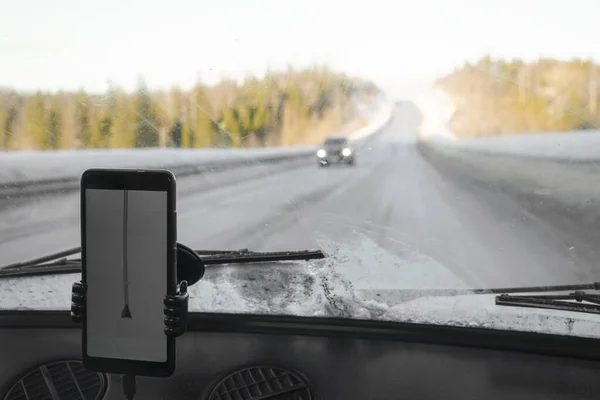 Navegador Gps Carro Temporada Inverno Tela Vazia — Fotografia de Stock