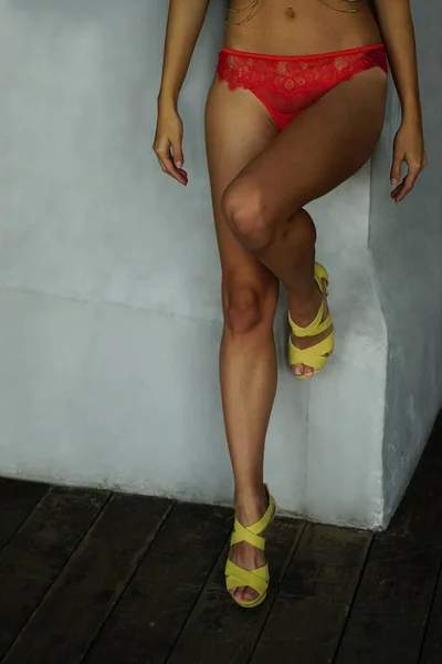 Frau Auf Weißem Hintergrund Sexy Unterwäsche High Heels Und Spitzenhöschen — Stockfoto