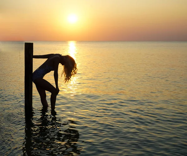 Silhueta Mulher Praia Luz Solar Menina Desfrutar Pôr Sol Ensolarado — Fotografia de Stock