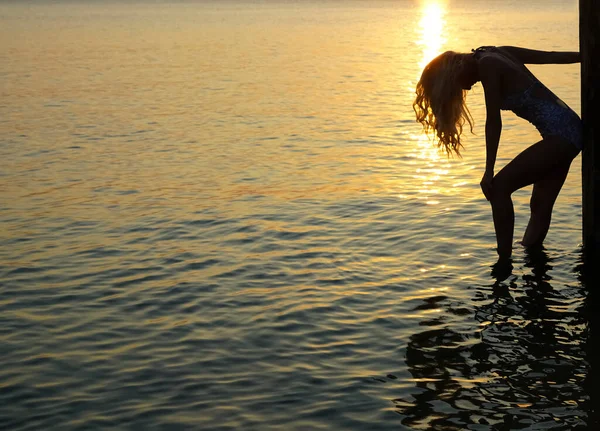 Silhouette Woman Stands Seashore Sunlight Girl Enjoy Sunny Sunset Blonde Stock Image