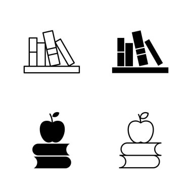 Kitap Rafı, Kitap ve Elma Simgeleri Eğitim ve Solid ve Satır Biçiminde Öğrenme Sembolü