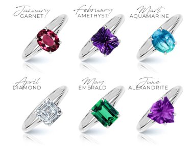 Doğumtaşı yüzük koleksiyonu. Mücevher mücevheri, mücevher taşı ametist aquamarine elmas zümrüt alexandrite yakut peridot apphire opal citrine topaz.