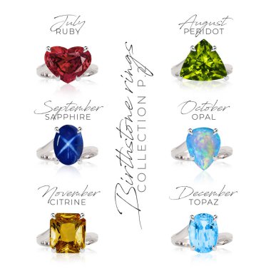 Doğumtaşı yüzük koleksiyonu. Mücevher mücevheri, mücevher taşı ametist aquamarine elmas zümrüt alexandrite yakut peridot apphire opal citrine topaz.