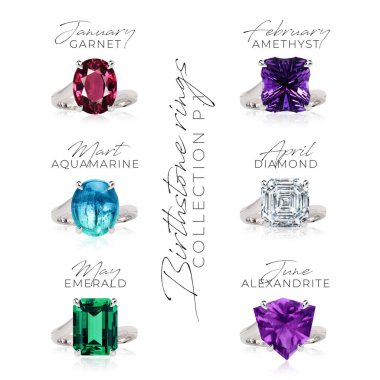 Doğumtaşı yüzük koleksiyonu. Mücevher mücevheri, mücevher taşı ametist aquamarine elmas zümrüt alexandrite yakut peridot apphire opal citrine topaz.