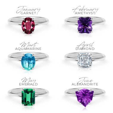 Birthstone rings collection set jewelry gem luxury garnet amethyst aquamarine diamond emerald alexandrite ruby peridot apphire opal citrine topaz clipart