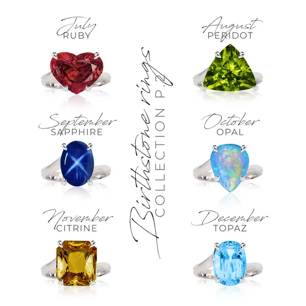 Doğumtaşı yüzük koleksiyonu. Mücevher mücevheri, mücevher taşı ametist aquamarine elmas zümrüt alexandrite yakut peridot apphire opal citrine topaz.