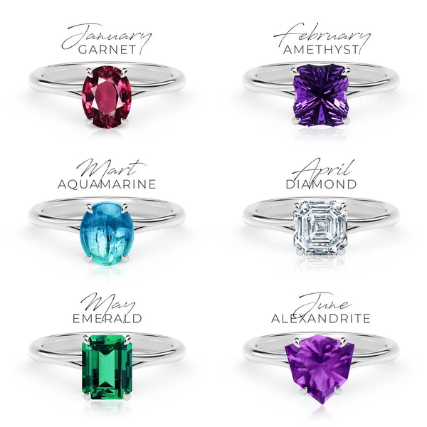 Birthstone Coleção Anéis Conjunto Jóias Jóia Luxo Granada Ametista Aquamarine — Fotografia de Stock