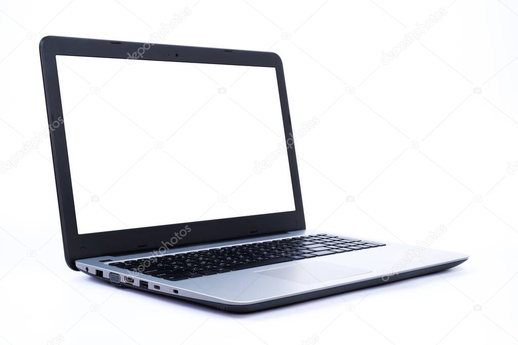 Isolated laptop with blank screen on white background. Equipment for technology and communication.