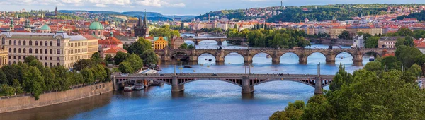 Wide panorama of Prague with river Vltava Charles Bridge and oth — Stock Photo, Image