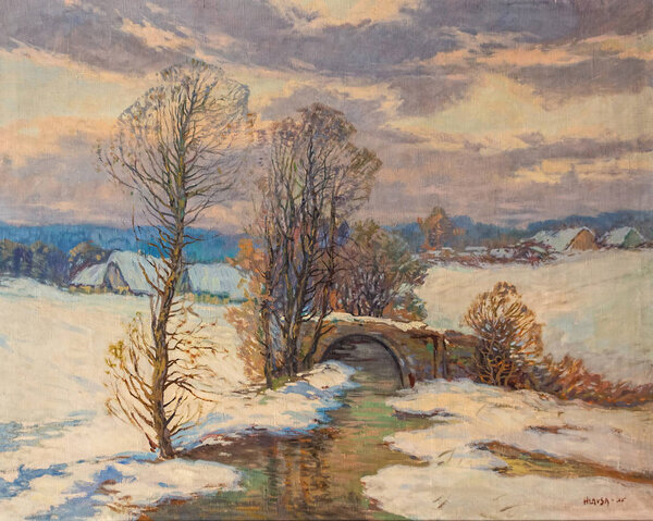 Old oil painting of rural winter landscape