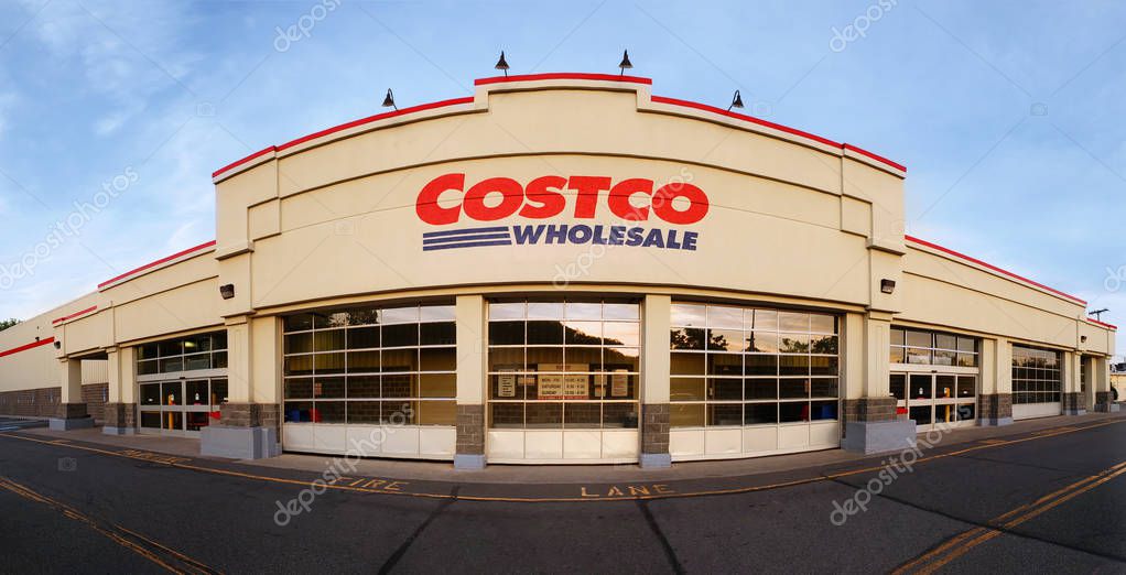 WHARTON, NJ - MAY 20, 2018: Panoramic view of Costco Wholesale store at sunset. Costco Wholesale Corporation, a membership only warehouse club, is the second largest retailer in USA.