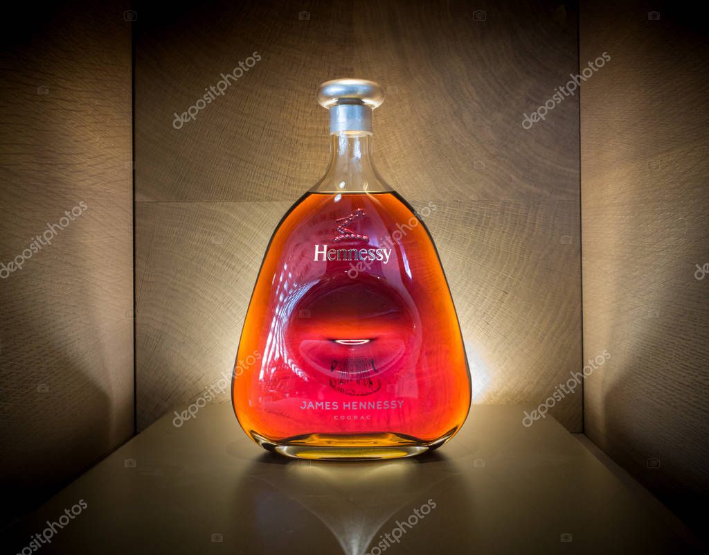 ROYSSY, FRANCE - MAY 27, 2018: Bottle of James Hennessy cognac. Hennessy sells about 50 millions of bottles a year or 40% of the world's cognac. Hennessy is the largest cognac producer in the world.