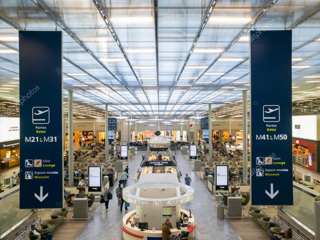 ROISSY, FRANCE - MAY 22, 2018: Charles de Gaulle Paris airport terminal. CDG is the largest international airport in France and second largest in Europe.