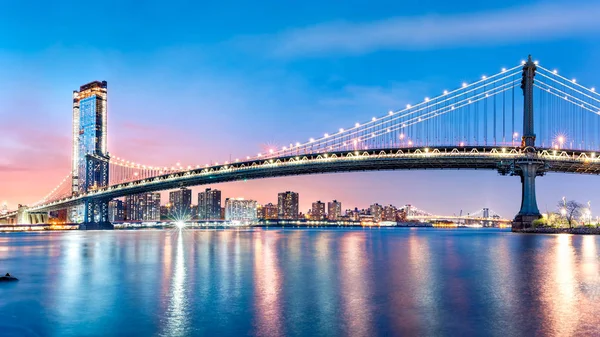 Manhattan Bridge Panorama Dawn Viewed Brooklyn Bridge Park — Stock Photo, Image