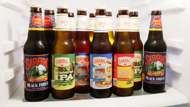 Colección de cervezas artesanales Octoberfest en un estante de nevera — Vídeos de Stock