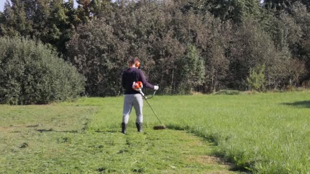 Adult man mows the grass — Stock Video