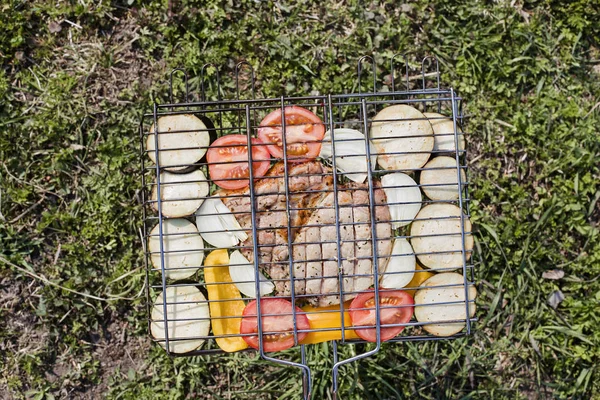 Tomates frescos, cebollas, pimientos, berenjenas y cerdo — Foto de Stock