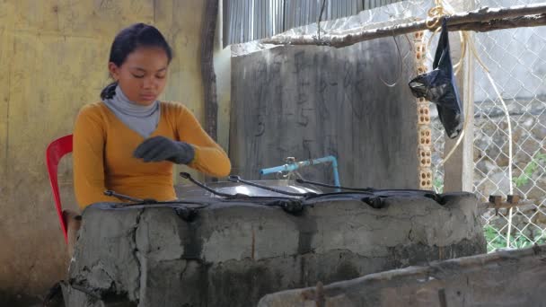 Woman Spreading Dough Hot Old Fashioned Waffle Cone Iron Removing — Stock Video