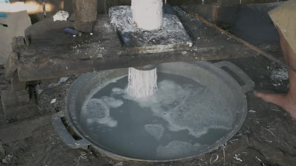 Close Man Pressing Rice Dough Rice Noodles Cooked Boiling Water — Stock Video