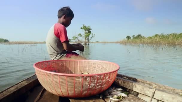 Gros Plan Sur Pêcheur Enlevant Les Prises Poissons Emmêlés Bateau — Video