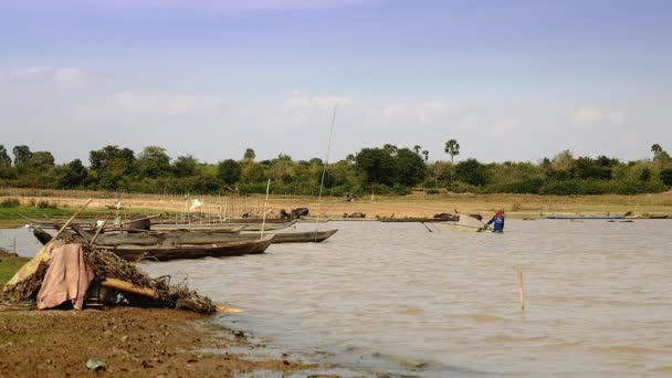 Pescatore Gamberetti Che Solleva Rete Dall Acqua Del Lago Mandria — Video Stock