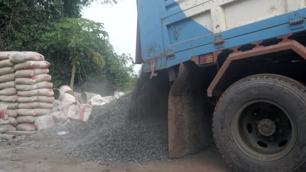 Close Truck Unloading Gravel Construction Site — Stock Video