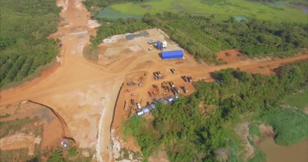 Aerial Drone Trucks Excavators Parked Construction Site — Stock Video