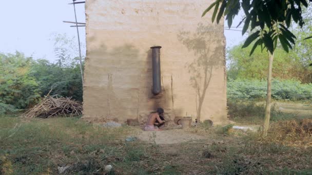 Agricultor Poniendo Leña Una Chimenea Dentro Granero Para Curar Las — Vídeo de stock