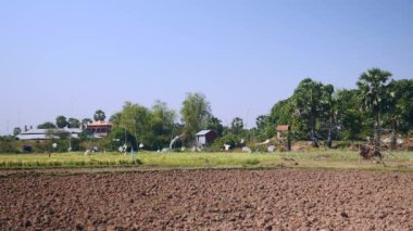 mesafe görünümü plastikten yapılmış ve renkli gür yeşil pirinç alan yukarıda rüzgarda sallayarak korkulukları giydirin. Fon olarak küçük bir köy