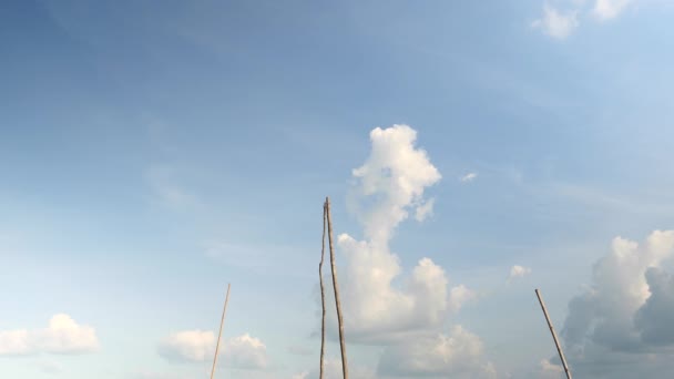 Small Dugout Canoes Tied Bamboo Poles River Edge Tilt — Stock Video