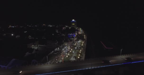 Aerial Drone Shot Fly Bridge Traffic Driving Riverside Nigh — Stock Video