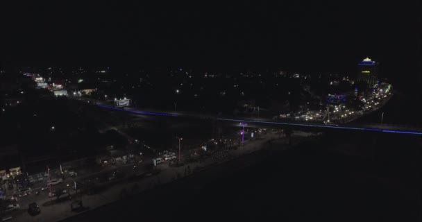 Aerial Drone Shot Fly Bridge Traffic Driving Riverside Night — Stock Video