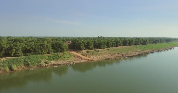 Aerial Drone Shot Fly Fishing Boats Moored Riverbank — Stock Video