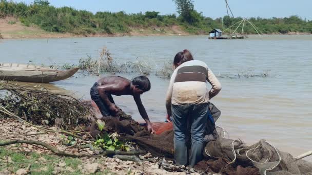 Fishermen Wife Husband Collecting Fish Catch Net Spread River Shallow — Stock Video