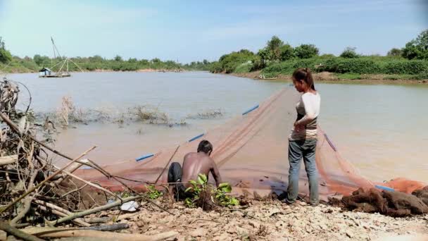 Pescadores Esposa Marido Recogiendo Peces Capturados Una Red Extendida Aguas — Vídeos de Stock