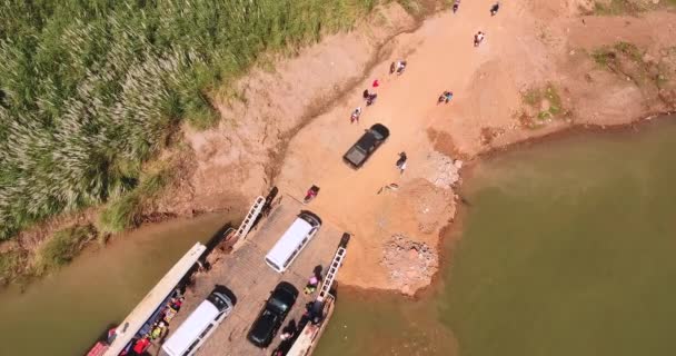 Aerial Static View Vehicles Motorcycles Driving Ferry Boat — Stock Video