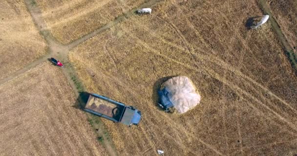 Overhead Drohne Eines Stationären Leeren Lastwagens Der Nähe Eines Heuhaufens — Stockvideo