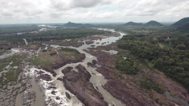 Aerial Drone Shot Fly Back Series Cascading Waterfalls Rapids Mekong — Stock Video