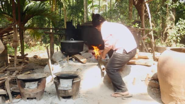 Mulher Adicionando Madeiras Sob Panelas Cozinha Lareira Lenha Aberta Feita — Vídeo de Stock