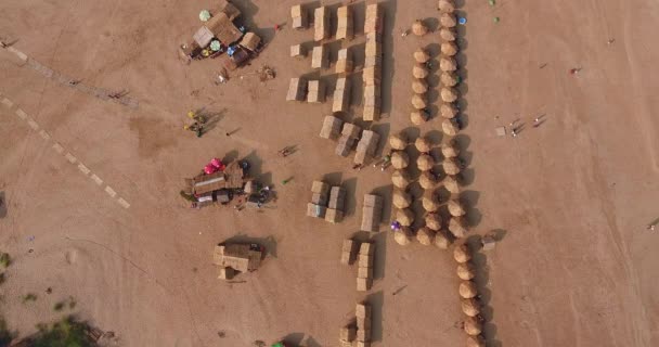 Overhead Drone Straw Huts Wooden Bungalows Spread Sand Beach — Stock Video