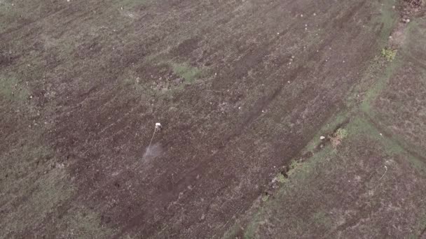 Drohnenschuss Eines Landwirts Der Pestizide Auf Feld Versprüht — Stockvideo