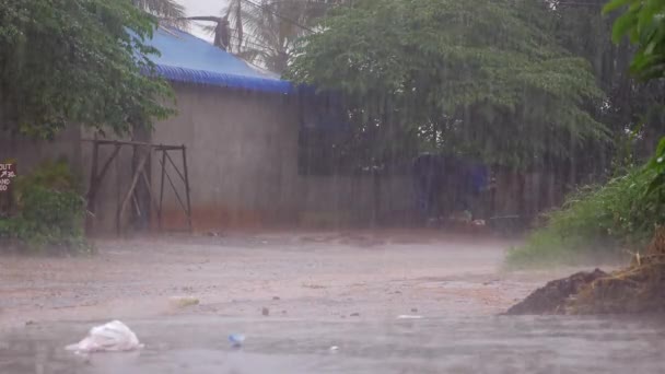 Lluvia Fuerte Cayendo Pequeña Calle Durante Temporada Lluvias — Vídeos de Stock