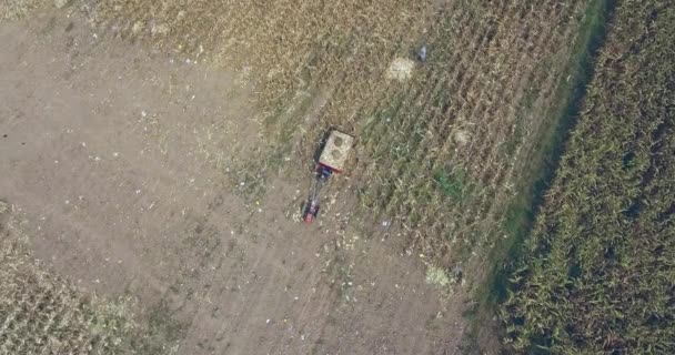 Overhead Drone Shot Farmer Riding Two Wheel Tractor Carrying Load — Stock Video