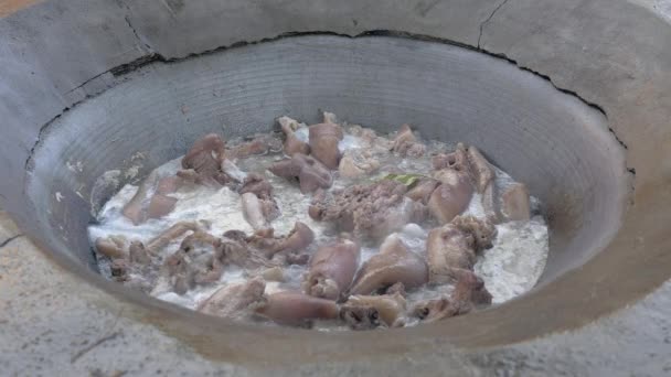 Pedaços Casca Porco Cozinhando Água Fervente Close — Vídeo de Stock