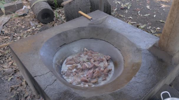 Stukken Van Varkensvlees Korst Nemen Uit Wok Koken Close — Stockvideo