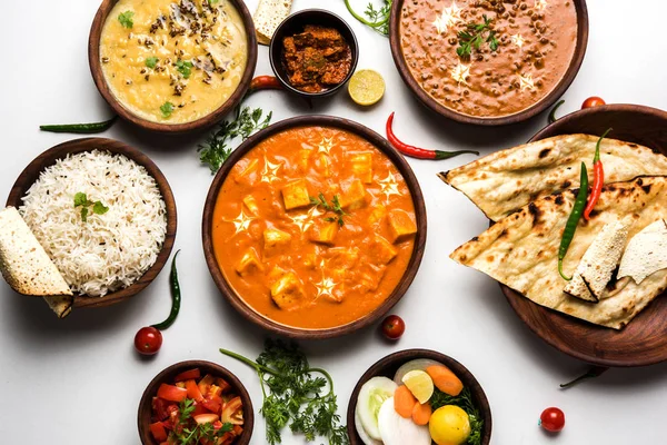 Assorted Indian Food Lunch Dinner Rice Lentils Paneer Dal Makhani — Stock Photo, Image